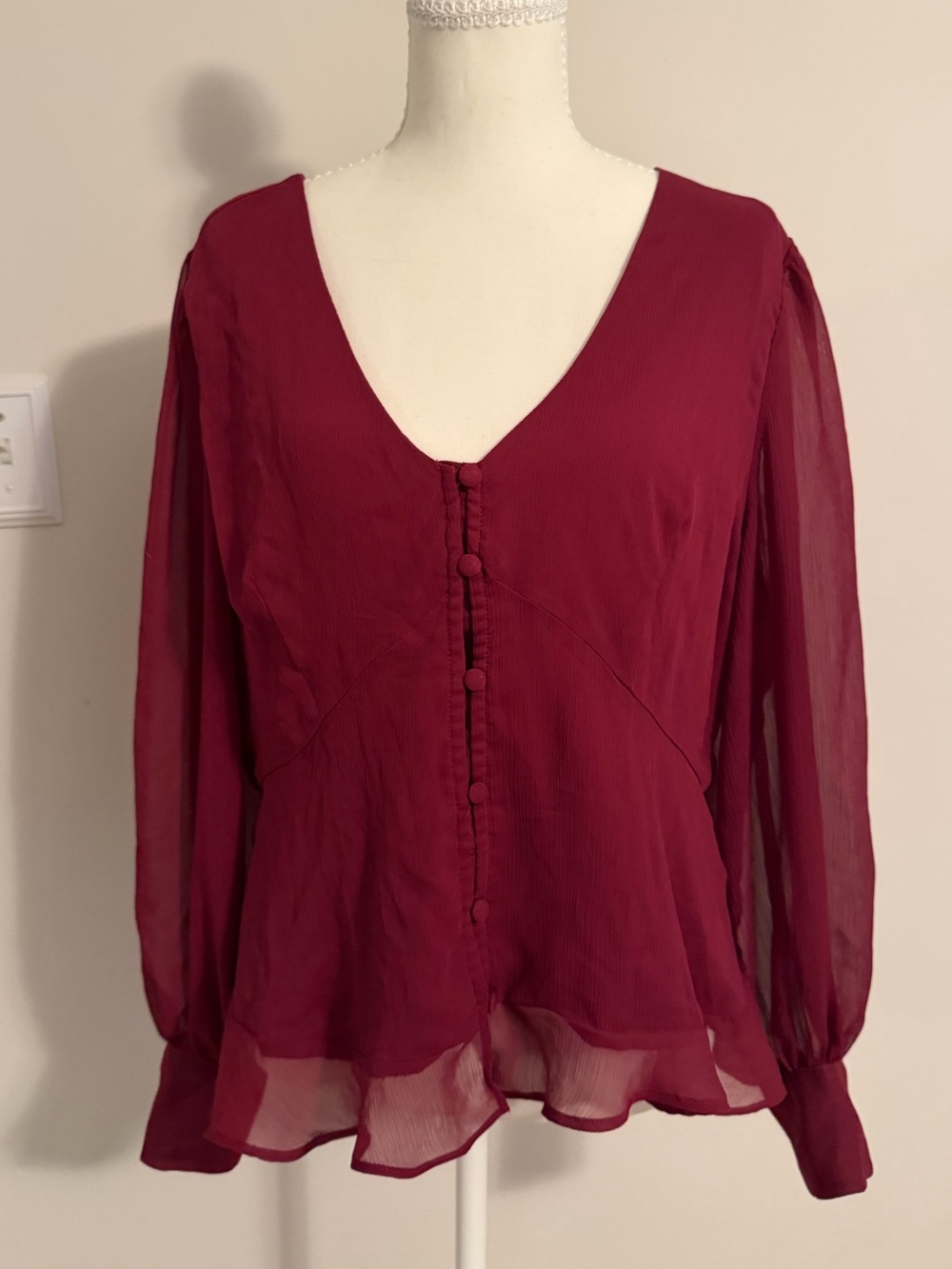 Nine West Deep Wine V-Neck Button-Front Blouse